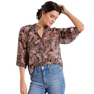 Evereve Kensie Floral Chiffon Top Black Rust Womens Size L Bohemian Fall Blouse